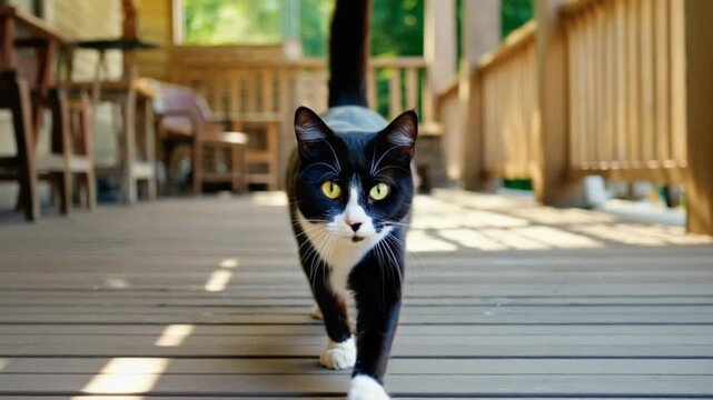 Black and white cat walking towards the camera on a wooden deck with chairs and railing cat video