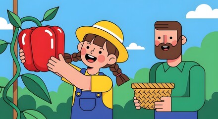 Happy family farming scene girl picking giant red bell pepper harvest