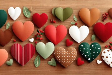 Vibrant heart themed background with red white and green hearts on wooden surface for Valentine decor