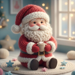 Cute stylized yarn-art Santa holding a knitted mug of cocoa, sitting in a cozy holiday setting. Soft handcrafted textures create a warm Christmas atmosphere.