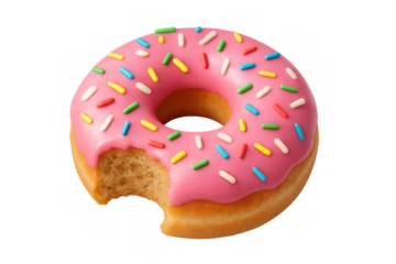 Pink frosted donut with colorful sprinkles having a bite taken out, transparent background