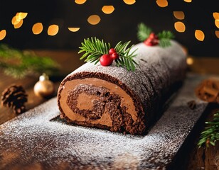 Collection of photos featuring a traditional B&ucirc;che de No&euml;l chocolate yule log cake with powdered sugar snow, festive d&eacute;cor, warm glowing lights, cozy winter ambiance, elegant holiday styling.