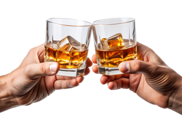 Two hands holding whiskey glasses with ice cubes in a celebratory toast on a dark background