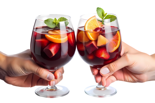 Two hands holding glasses of sangria with fruit slices and mint garnish against a black background