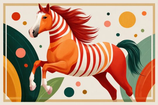 Vibrant orange horse with white stripes gallops through abstract colorful shapes - Powered by Adobe