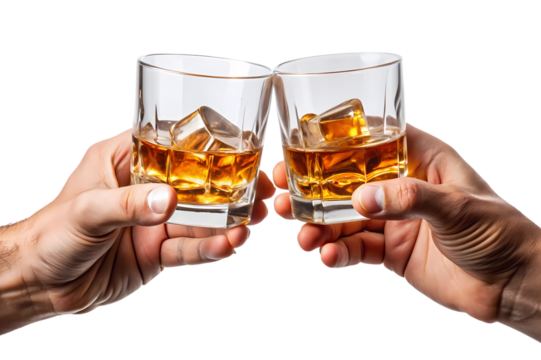 Two hands holding whiskey glasses with ice cubes in a celebratory toast on a dark background