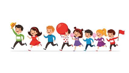 Fototapeta premium Group of happy cartoon children running together holding a flagballoonandcotton candy illustration