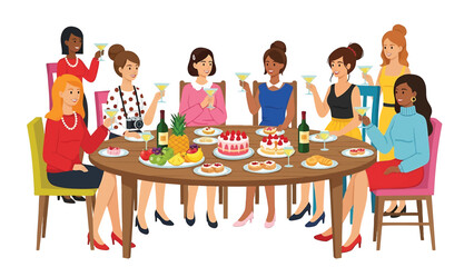 Fototapeta premium Group of happy women celebrating at a party with food and drinks