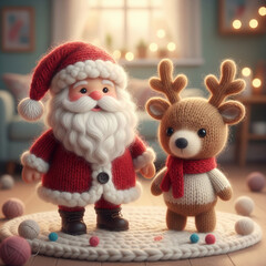 A cute stylized holiday scene featuring knitted Santa and reindeer plush characters in a cozy room with warm lights. Soft textures and handcrafted charm create a festive mood.