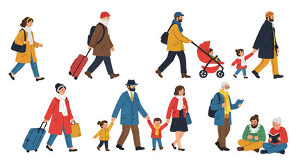 Fototapeta premium Illustration of diverse people in fall or winter clothes walking and reading