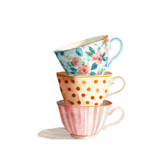 Whimsical illustration of three colorful porcelain teacups with mixed playful patterns and charming artistic details.