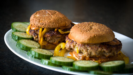 ready to eat and served on a white plate - homemade burger from venison, from a roebuck, with vegetable