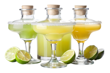 Assortment of colorful cocktails in glasses and bottles with lime halves on a black background