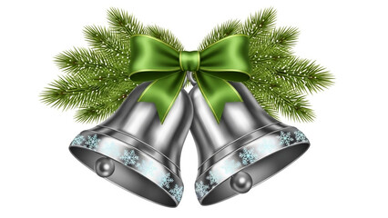 Silver christmas bells with green bow and pine needles stock illustration
