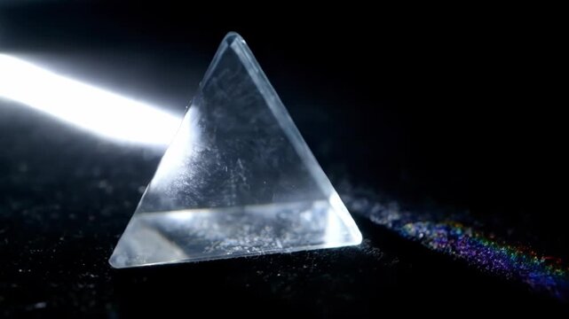 A triangular prism refracts light, creating a spectrum of colors. The prism is on a dark surface, casting a rainbow