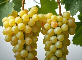 Chardonnay and Riesling Grape Clusters with Dew on Transparent Background – Macro Side View