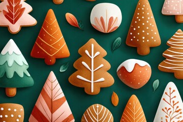 Assorted gingerbread cookies shaped as Christmas trees on a dark green background for holiday baking and festive decorations