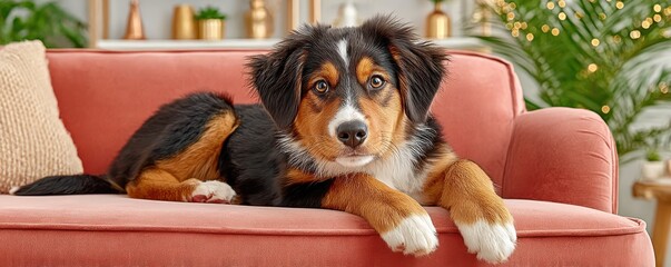 Cute Australian Shepherd puppy relaxing on a coral couch at home with cozy vibes
