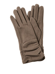 Pair of textured brown knitted gloves with a ribbed cuff isolated on transparent background