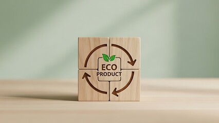 Eco friendly wooden block displaying circular arrows and eco produce text for sustainable and organic concepts in a minimalist setting