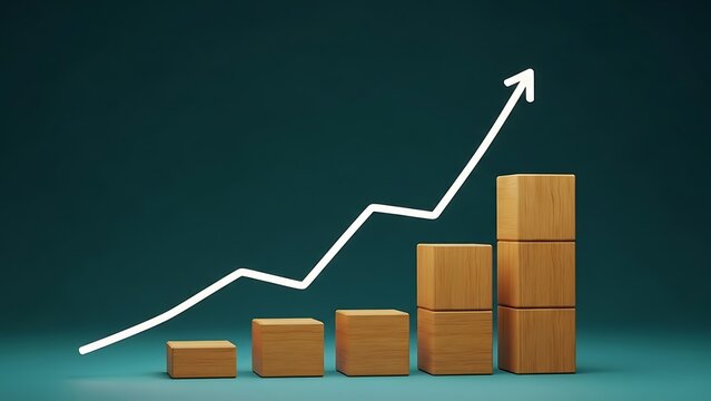 Cardboard boxes stacked in increasing height with upward trend line