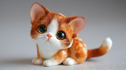 A charming kitten with wide eyes. The kitten is orange and white, with a playful posture