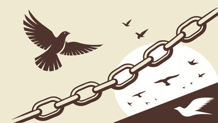 Symbolic artwork featuring the concept of freedom, with a dove breaking free from chains under a serene sky, conveying peace, hope, and new beginnings beautifully
