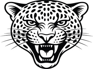 Roaring Jaguar or Leopard Head Black and White Vector Illustration.