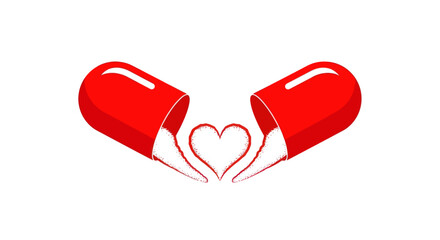Open Red Pill Capsule Forming a Heart Shape.