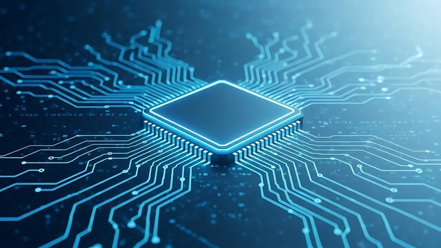 Abstract microchip design with glowing blue lines and central processor unit