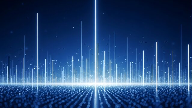 Abstract digital landscape with glowing lines and binary code