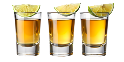 Three shot glasses filled with amber liquid and lime wedges on a black background close up view
