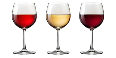Three wine glasses filled with red and white wine against a black background studio shot view