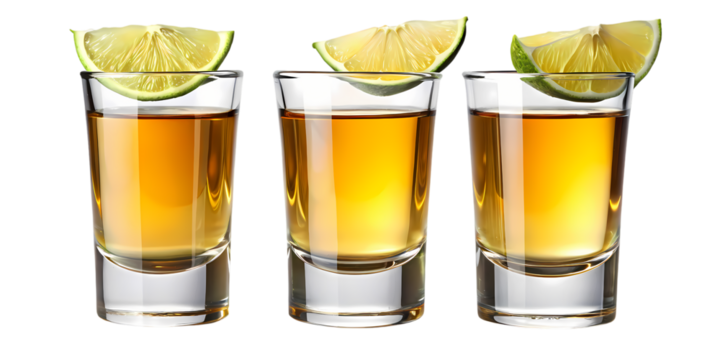 Three shot glasses filled with amber liquid and lime wedges on a black background close up view