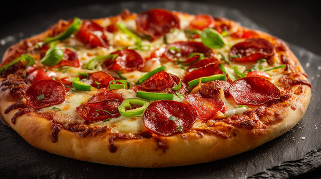 A close up shot of a pepperoni pizza with green peppers and basil on a dark slate surface