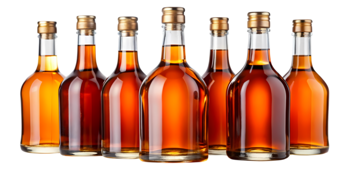 Arrangement of six glass bottles filled with amber liquid and golden caps on black background