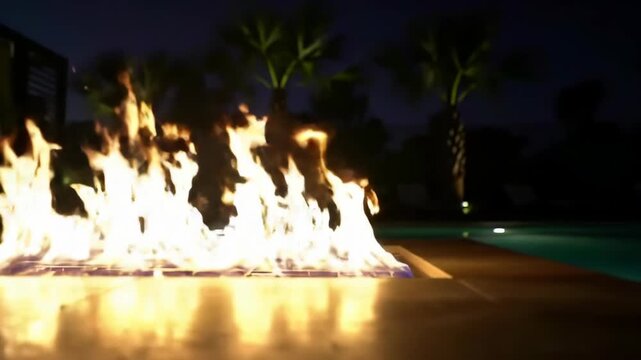 Cozy night scene with fire pit flames by luxury swimming pool under palm trees.