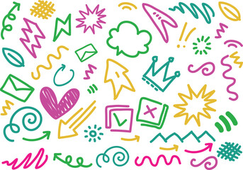 Funky crayon drawn geometric shapes and lines. Colorful pencil or chalk drawn naive Swiss design aesthetic. Basic geometric shapes, dots, playful pattern, primitive forms and figures