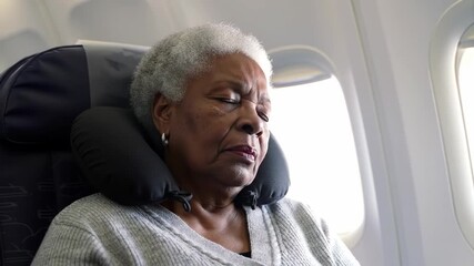 Senior woman sleeping on airplane with neck pillow. Travel, elderly passenger, rest, journey, comfort, relaxation, vacation.