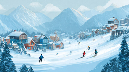 A Winter Wonderland Scene of Snowboarding and Skiing