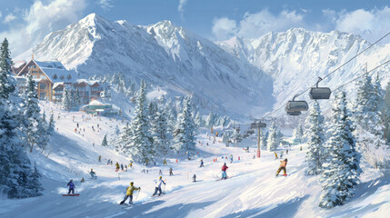 A Winter Wonderland Scene of Snowboarding and Skiing