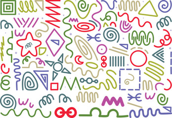 Funky crayon drawn geometric shapes and lines. Colorful pencil or chalk drawn naive Swiss design aesthetic. Basic geometric shapes, dots, playful pattern, primitive forms and figures