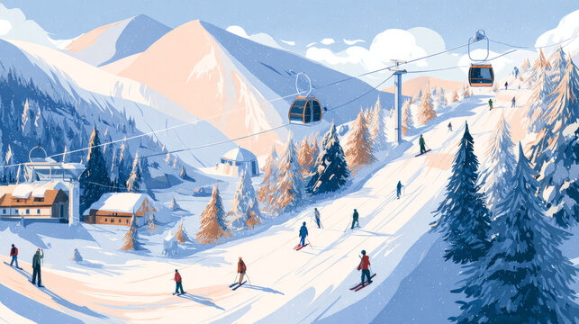 A Winter Wonderland Scene of Snowboarding and Skiing