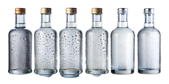 Six clear glass bottles with condensation and metal caps arranged in a row on a black background