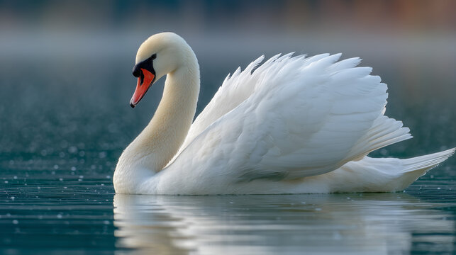 Close-up portrait of a mute swan on a quiet freshwater lake with slightly raised wings and detailed white plumage