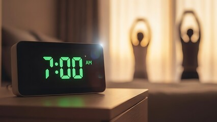 Digital Alarm Clock Displaying Seven O'clock Morning with Green Bright Numbers in Bedroom