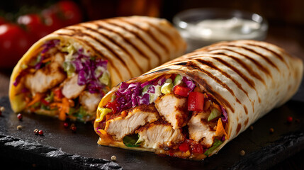 Two chicken wraps with grilled marks filled with fresh vegetables on a dark surface