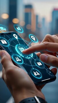 Smartphone user accessing smart logistics network with glowing delivery icons and shipping tracking data in a blurred city, visualizing e-commerce supply chain efficiency.