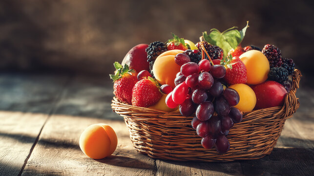 A colorful basket of fresh fruits on a rustic wooden table with morning sunlight highlighting vibrant colors and realistic textures - Powered by Adobe