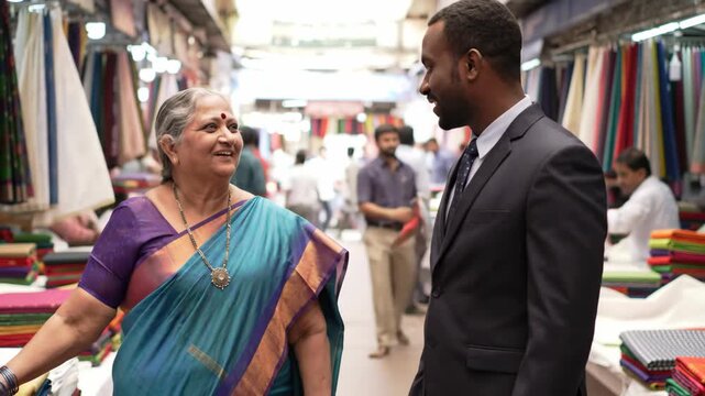 Mature woman shaking hands with businessman in textile market, success, business deal.